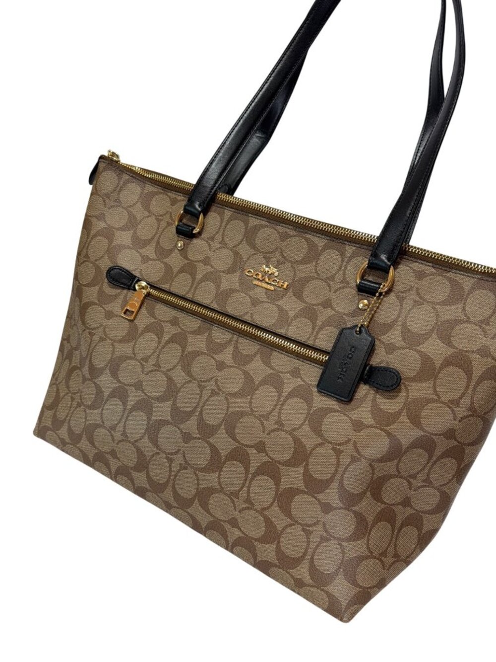 Coach Y2K Gallery Tote Khaki & Black Signature Monogram Canvas Front Pocket Gold